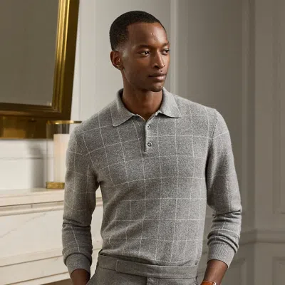 Ralph Lauren Windowpane Cashmere Polo-collar Sweater In Gray