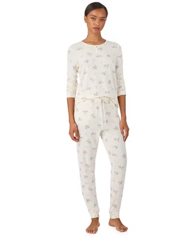 Ralph Lauren Women's 2 Piece Long Sleeve Top And Pants Pajama Set In White