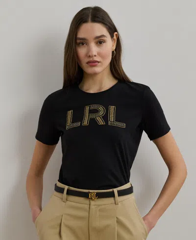 Ralph Lauren Women's Beaded-logo Cotton Jersey Tee In Black