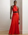 Ralph Lauren Women's Belted Floral Jacquard Halter Gown In Red