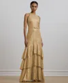 Ralph Lauren Women's Belted Metallic Lace Tiered Gown In Sand Dune,gold