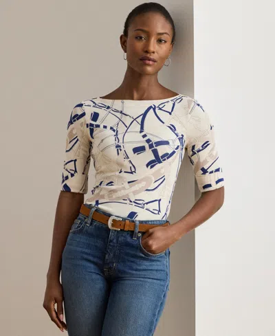 Ralph Lauren Womens Belting Print Cotton Boatneck Tee P Xs Xxl In White