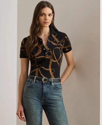 Ralph Lauren Women's Belting-print Stretch Pique Polo Shirt In Black