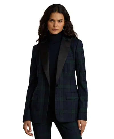 Ralph Lauren Women's Black Watch Satin-trim Twill Blazer In Black,green Multi