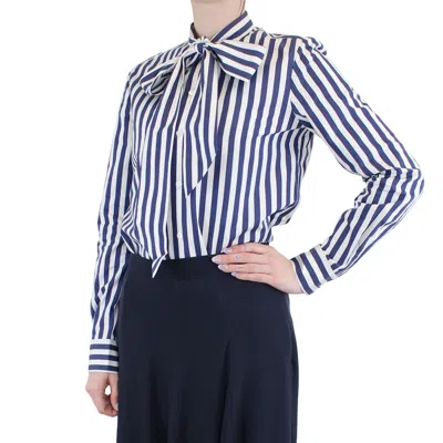 Pre-owned Ralph Lauren Women's Blouse, Purple Label, Navy White Striped, Bow Tie Collar