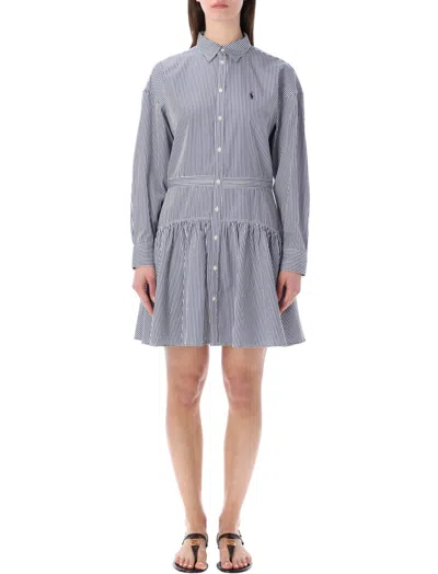 Ralph Lauren Blue Stripes Mini Shirt Dress In Multi