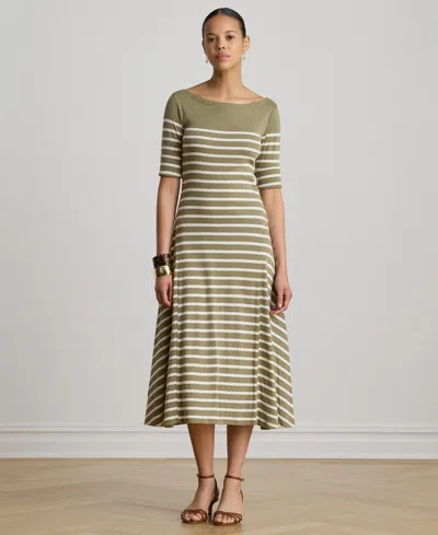 Ralph Lauren Striped Ribbed Midi Dress In Green