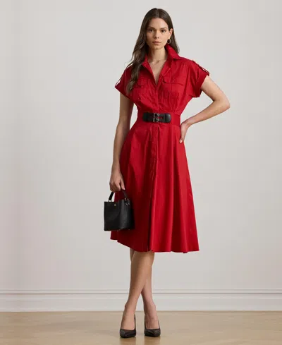 Ralph Lauren Women's Buckle-trim Cotton-blend Shirtdress In Red