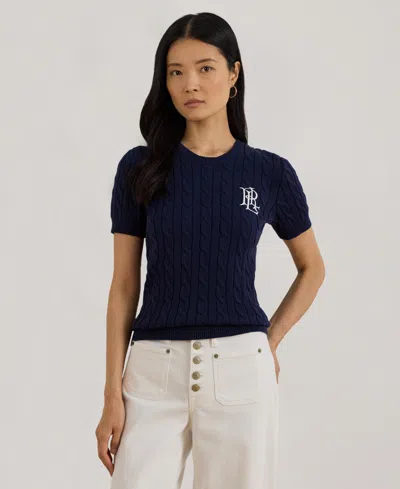 Ralph Lauren Women's Cable-knit Short-sleeve Embroidered Sweater In Blue