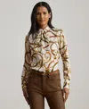 Ralph Lauren Womens Classic Fit Print Twill Tie Neck Shirt P Xs Xxl In Brown