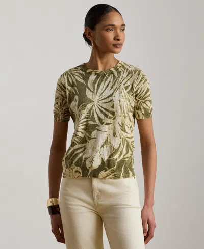 Ralph Lauren Palm-frond-print Short-sleeve Sweater In Olive Multi In Green