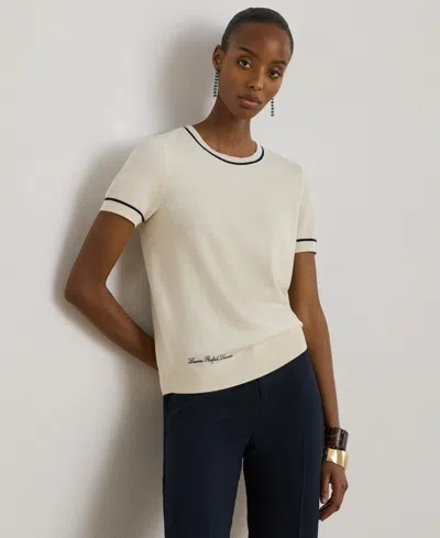 Ralph Lauren Plus Size Two-tone Short Sleeve Sweater In White