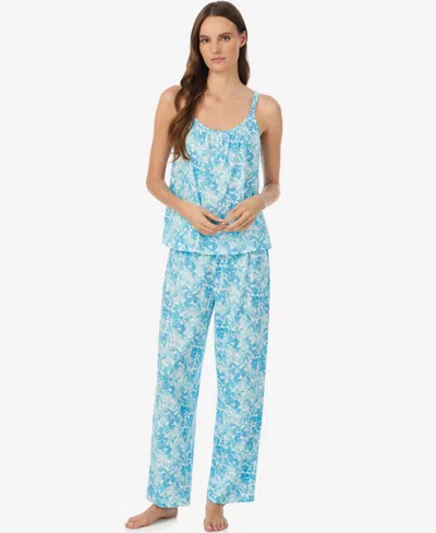 Ralph Lauren Women's Double-strap Button-neck Ankle Pant Pajama Set In Blue