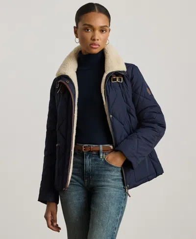 Ralph Lauren Women's Faux-fur-collar Diamond Quilted Jacket In Blue