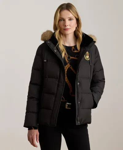 Ralph Lauren Women's Faux-fur-trim Collared Puffer Coat In Black