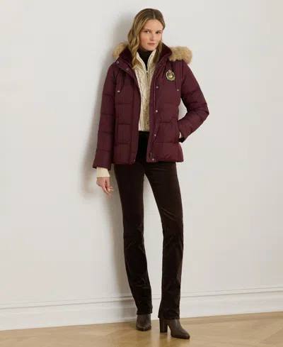 Ralph Lauren Women's Faux-fur-trim Collared Puffer Coat In Burgundy