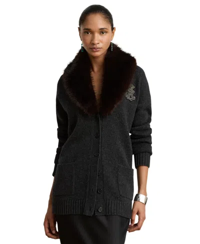 Ralph Lauren Women's Faux-fur Shawl Collar V-neck Wool-cashmere Blend Cardigan Sweater In Black