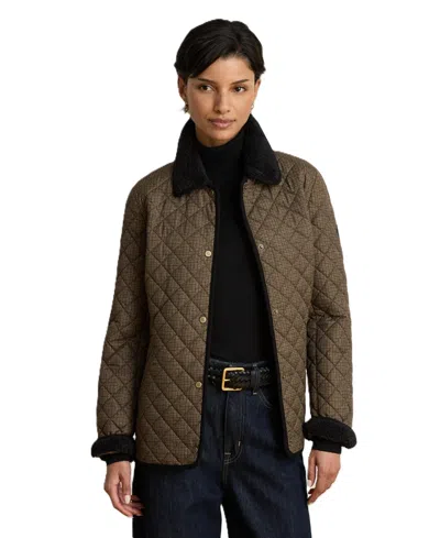 Ralph Lauren Women's Faux-sherpa-collar Quilted Coat In Brown Mini Check