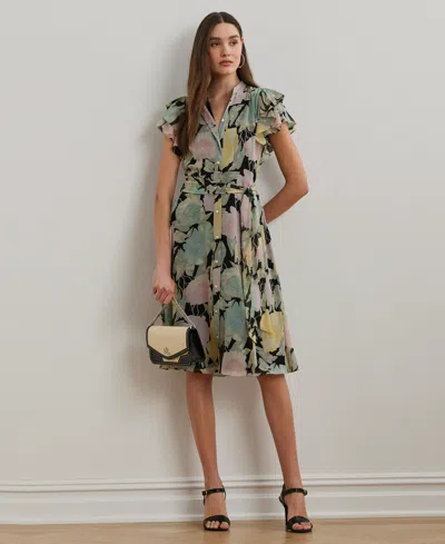 Ralph Lauren Women's Floral Belted Georgette Shirtdress In Black,pink,green