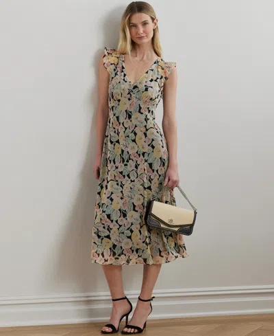 Ralph Lauren Women's Floral Georgette Flutter-sleeve Dress In Black,pink,green