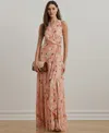 Ralph Lauren Floral Ruffle-trim Georgette Gown In Pink Multi