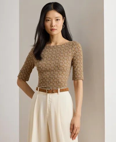 Ralph Lauren Womens Geo Print Stretch Cotton Boatneck Tee P Xs Xxl In Brown