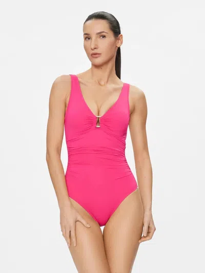 Ralph Lauren Women's Lauren  Beach Club Swimsuit Pink Ruched One Piece Red1167