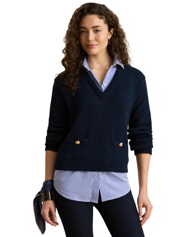 Ralph Lauren Women's Layered Button-trim V-neck Sweater In Blue