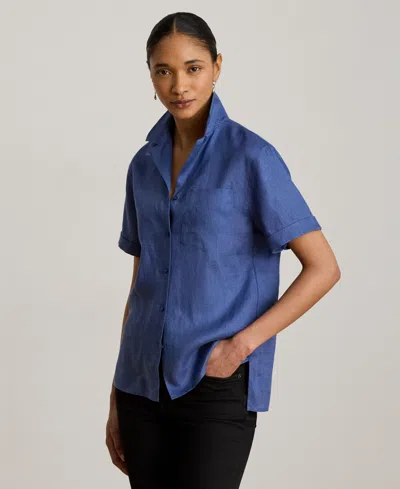 Ralph Lauren Women's Linen Short-sleeve Camp Shirt In Blue