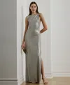Ralph Lauren Lauren  Buckle Detail Metallic Sheath Gown In Silver