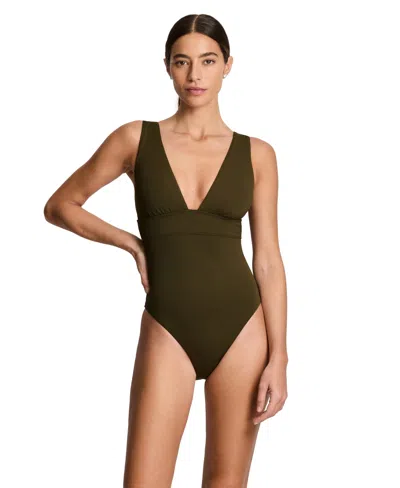 Ralph Lauren Women's Modern V-neck One-piece Swimsuit In Green