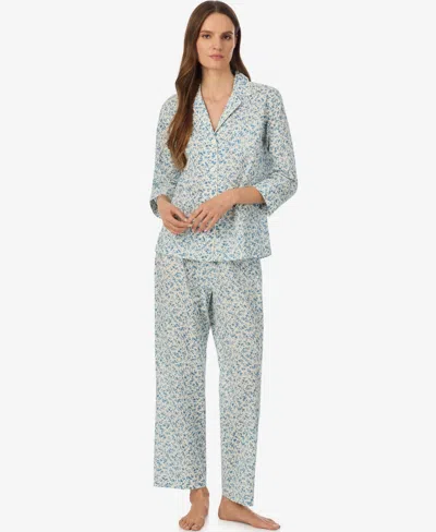 Ralph Lauren Women's Notch Collar Top And Ankle Length Pajama Pants, 2-piece Set In Blue