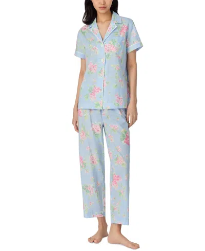 Ralph Lauren Women's Notched-collar Cropped Pajama Set In Blu,flor