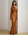 Ralph Lauren Buckle-trim Satin Off-the-shoulder Gown In Brown