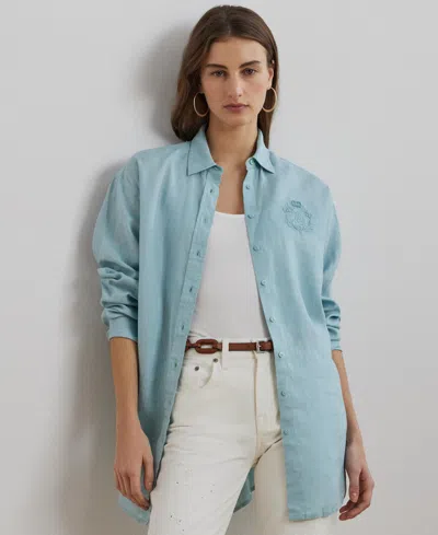 Ralph Lauren Women's Oversize Floral-logo 100% Linen Shirt In Pale Blue