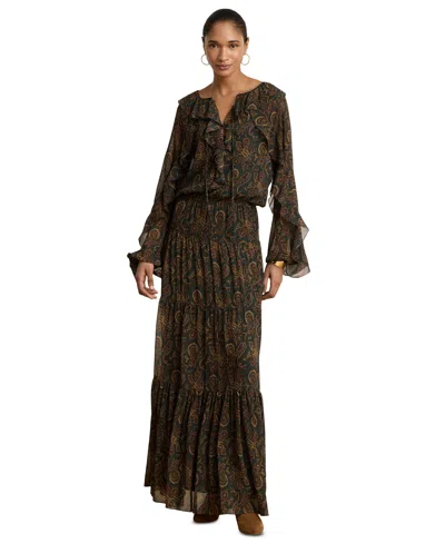 Ralph Lauren Paisley Ruffle-trim Georgette Maxidress In Green Multi