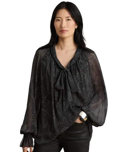 Ralph Lauren Women's Paisley Ruffle-trimmed Tie-neck Blouse In Black