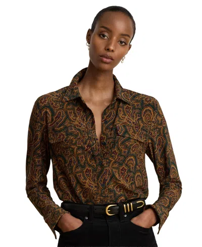 Ralph Lauren Women's Paisley Stretch Jersey Shirt Long-sleeve Button-up Blouse In Multi