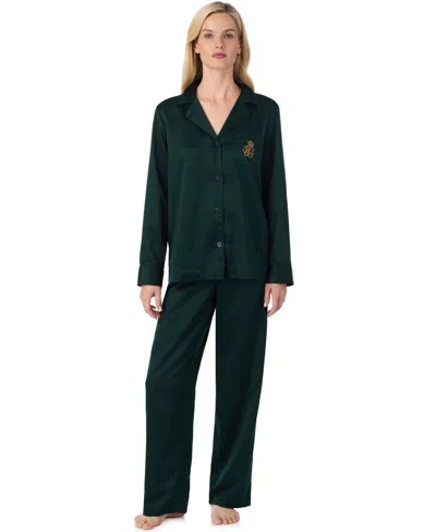 Ralph Lauren Women's Petite Long Sleeve Notch Collar Pajama Set In Green