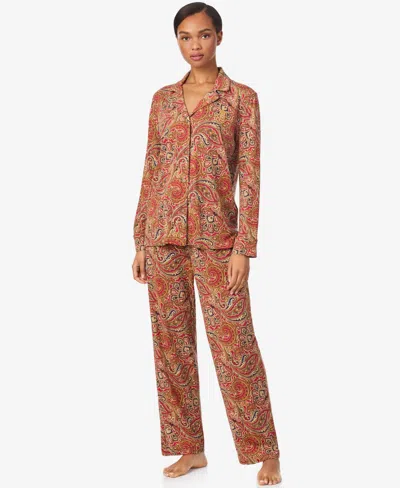 Ralph Lauren Women's Petite Long Sleeves Notch Collar Pajama Set In Red