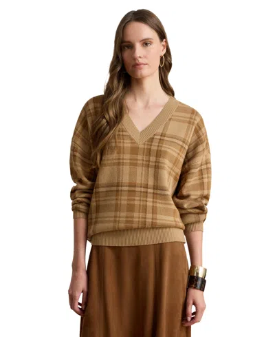 Ralph Lauren Women's Plaid V-neck Sweater In Camel Multi