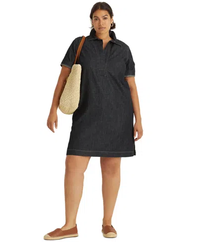 Ralph Lauren Women's Plus Size Short-sleeve Denim Cotton Shift Dress In Nightfall