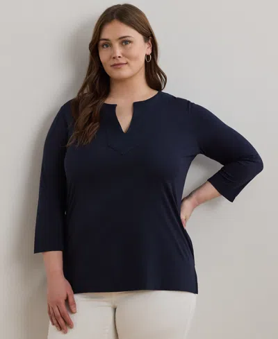 Ralph Lauren Women's Plus Size Split-neck Three-quarter Sleeve Cotton Tunic In Blue