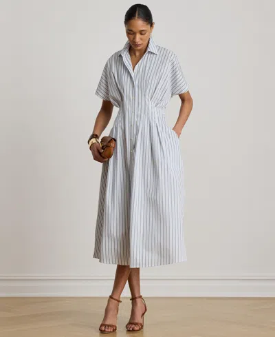 Ralph Lauren Womens Point Collar Striped Pleated Broadcloth Shirt Dress In Multi