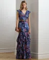 Ralph Lauren Print Ruffle-trim Crinkle Georgette Gown In Blue