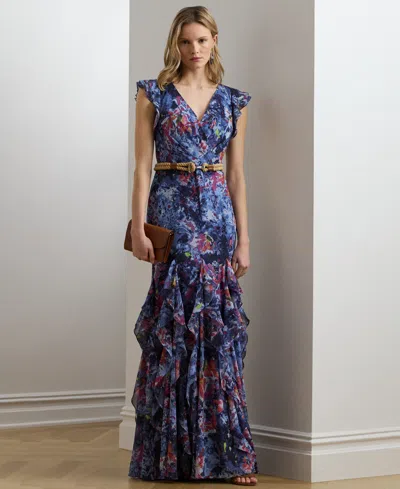 Ralph Lauren Women's Print Ruffle-trim Crinkle Georgette Gown