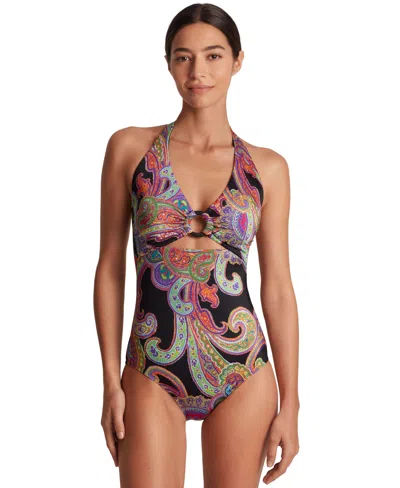 Ralph Lauren Women's Printed Macrame Ring Halter One-piece Swimsuit In Multi