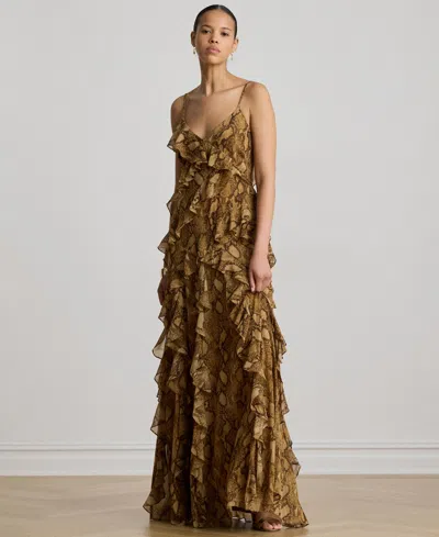 Ralph Lauren Python-print Ruffle-trimmed Maxi Dress In Brown