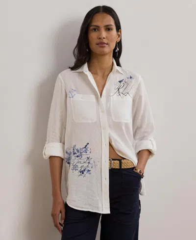 RALPH LAUREN 100% LINEN WOMEN'S RELAXED-FIT PRINT ROLL-TAB SLEEVE SHIRT