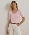 Ralph Lauren Rib-knit Cotton-blend Elbow-sleeve Tee In Hint Of Pink
